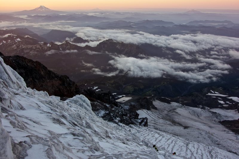 Late-season (September 1st) ascent of the Kautz, taken from the top of P1.  Climbers in the bottom right.  Adams, Hood, and Saint Helens visibile.