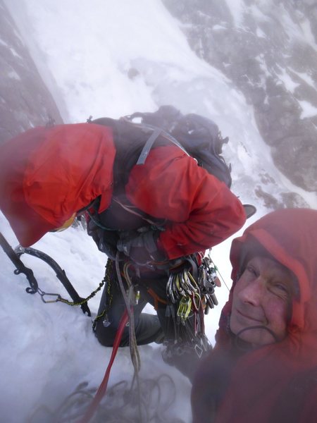 At the first belay of Minus-Two gully (V), Ben Nevis, 2013