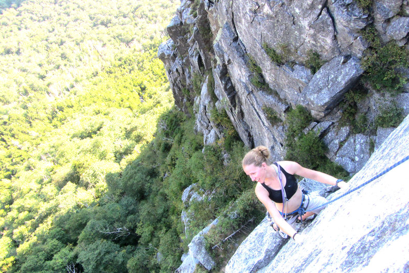 Torie peeping the traverse across the front of the eaglet... not part of the West chimney route but a fun variation finish...