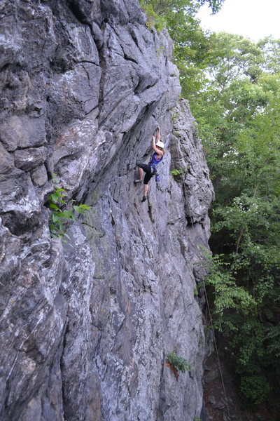 Kris working the over hanging section near the top of the temporarily named Cellphones are dangerous.