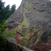 This is on the Argonaut, at the bottom of the drainage in Skunk Canyon.  The route is the pretty East Side, 11+, 6 bolts.