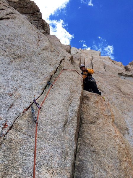 Johnny K leading a 5.10+ thin fingers variation on P10.