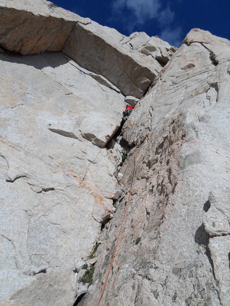 Richard Shore leading P1 of the East Buttress V 5.9. Photo by Johnny K