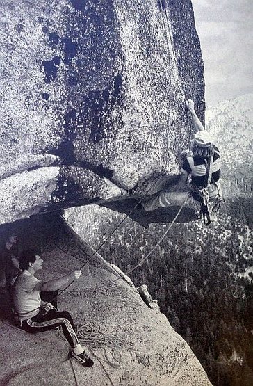 Kevin Powell on an early attemp of <em>Hit it Ethel</em> (5.12b R), Suicide Rock <br>
<br>
Photo: Kevin Powell Collection