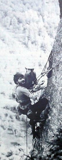 Ed Webster and Henry Barber on the FFA of Women in Love (5.12a), Cathedral Ledge
<br>

<br>
Photo by Ed Webster