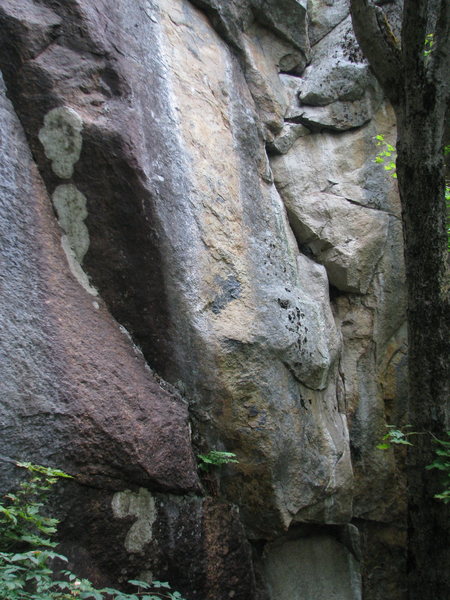 This has to be the start of an old route. Anybody? If not, quite a bit of quality potential still at this crag.