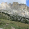 Entire SW side of the  Northern Sella massif, from Sella Towers (First Sellaturm is far left) through the Piz Ciavazes wall.