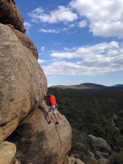 Just below the crux of Supercalibelgolistic (5.9), Holcomb Valley Pinnacles