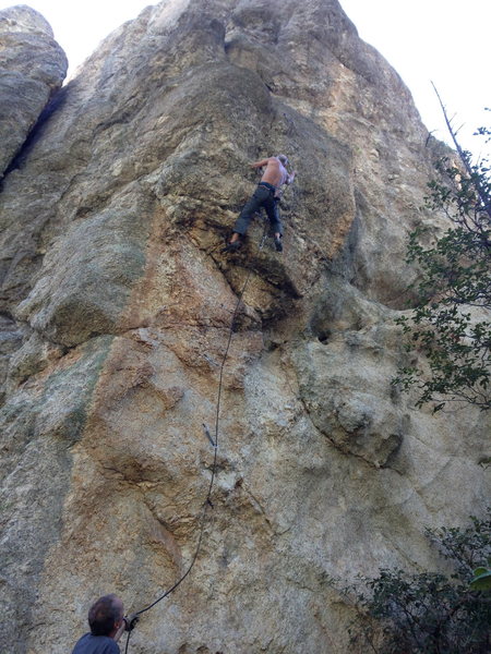 JB starting final crux of Xtal Meth.  Cres on belay, photo by Josie.