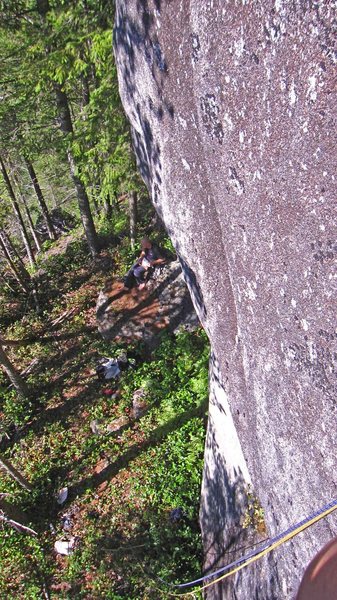 Looking down at the large treed ledge below A hatch.