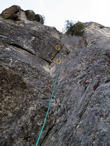 The 1st pitch from the belay.<br>
<br>
The 1st and the 2nd bolt are outlined.