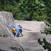 The excellent corner of the second pitch.  The slab below the corner is well featured pink granite, probably the most pleasant rock I've ever seen on a slab route.