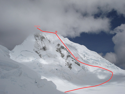 Quitaraju North Face seen from Alpamayo col camp.