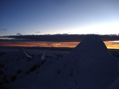 Sunrise behind Alpamayo, seen from the route on Quitaraju.