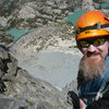 1/4 the way up Moon Goddess Arete on Temple Crag (tent site at middle lake in the background)