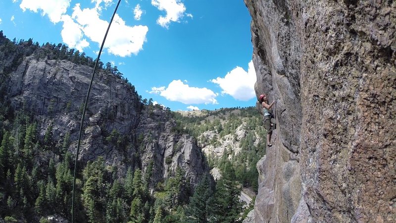 Climber on Cannabis Sportiva as viewed from Joint Venture.