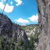 Climber on Cannabis Sportiva as viewed from Joint Venture.