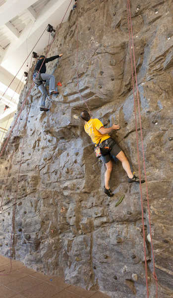 Climbers on the Keene Family YMCA's artificial granite climbing wall.