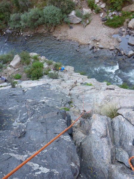 Kevin Yin at the start, seen from the first belay.<br>
The climber on the left is at the start of Solid Gold/Playin' Hooky.