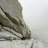 Jordan Lewis lost in the clouds on P5 of the East Pillar