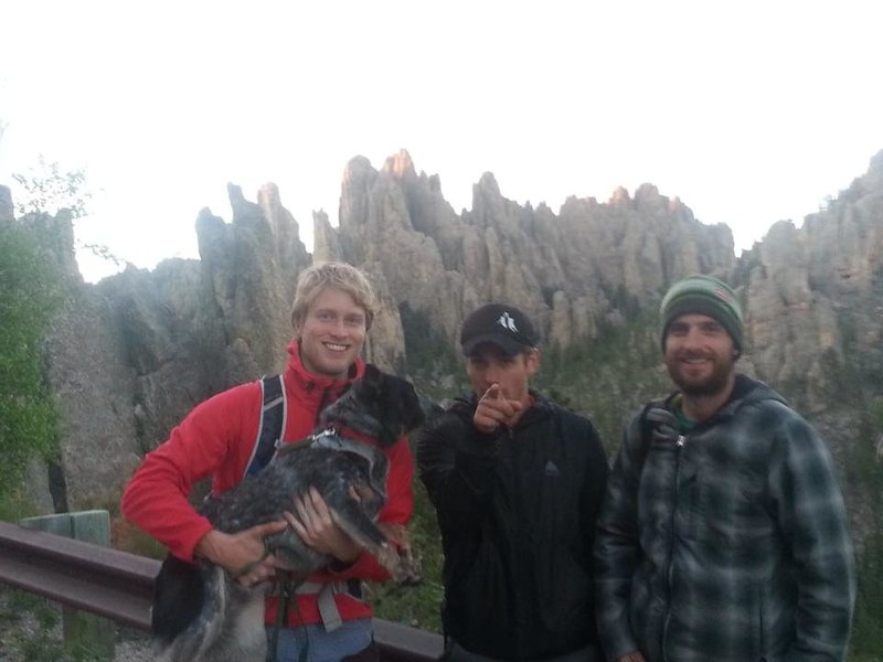 Cathedral Spires in the Needles of South Dakota, Custer State Park. From right: climbing parters, Thomas, Charlie, BB Dog, and me.