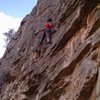 Carrie through the business on Mighty Minne Mouse (also has a rock with route ID and suggested grade at the base of the route)