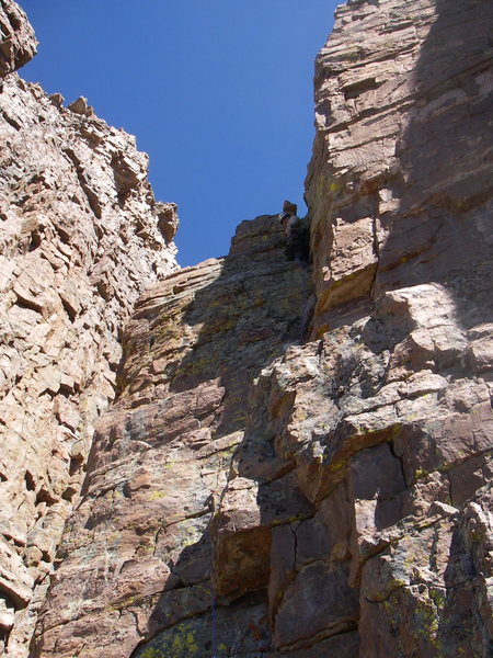 Right at the end of the good climbing.<br>
<br>
 "Go up and right! Not around the back!"<br>
<br>
The Mighty Mike Tea presides. 