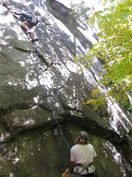 Myself leading rockaholic. I used the crack for feet through the crux section instead of the face. Still felt 5.8 and still felt fun. 