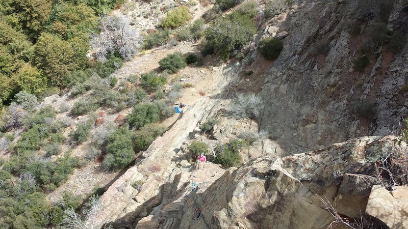 Looking down at P1 anchor from P2 anchor. The crux is in the middle somewhere.... probably harder than 5.8