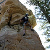 Mike Santoro traversing right at the roof/undercling on the North Face route.