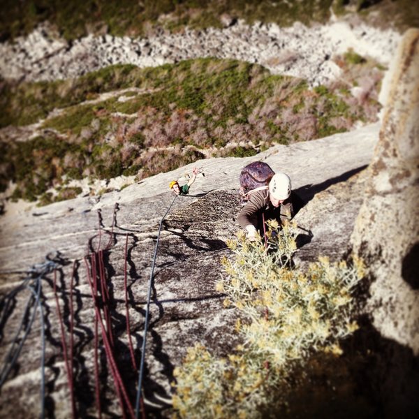 Simul-belaying two followers from top of second pitch.