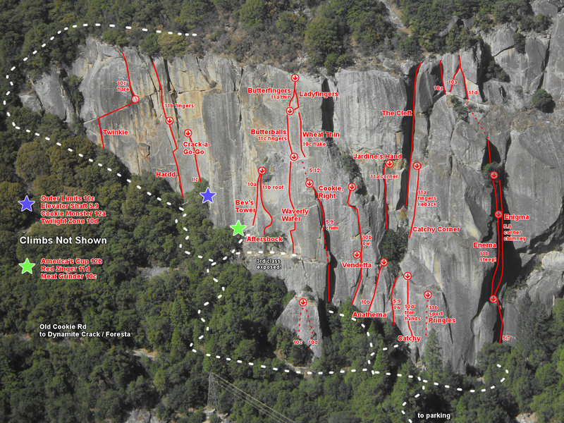 A selection of some of the routes at one of America's most iconic crags.<br>
<br>
Just noticed the trail "to parking" is slightly in the wrong spot. The trail up hits the base directly below The Stigma (5.13 tips crack) which is about 150 feet to the right of Catchy.