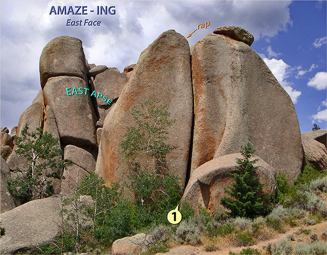 The East Face of Amaze-ing showing the route 'The Gates of Lodore' (1).