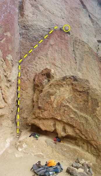 Route starts on the crack created by the left facing flake.  Follow the flake to the top.  Rap rings up top. <br>
Route indicated by yellow dotted line.  Rap Rings circled.
