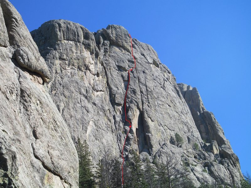 Route goes up nice hand cracks and chimneys to final large chimney at the end. 