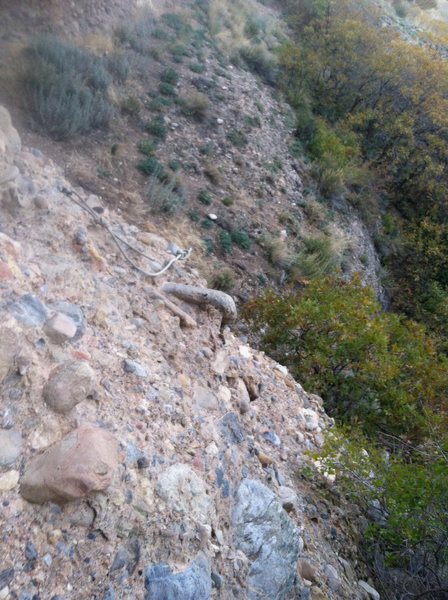 The slab section below "brine shrimp" requiring a handline to access the right side of the crag. 