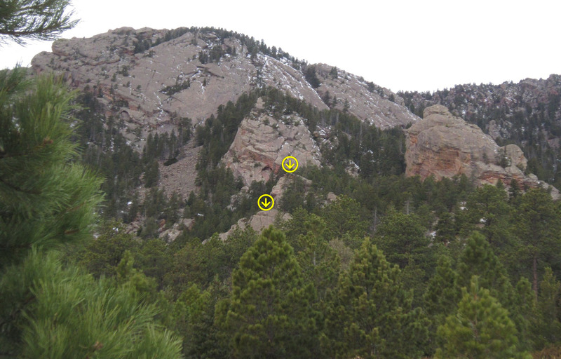 Medusa peeks out from between the trees just East and below Pegasus.  Several routes have been climbed on the upper and lower parts of this large but hidden rock (Bubb/Antin, 1/2013).