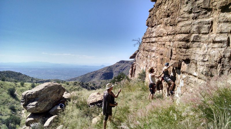 This photo is mostly to show off the awesome view of Tucson from Astoria. Climbing upon Chunk.