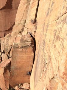 Johnny K following the 5.10+ OW corner at the base of the headwall. If you bivy on route, this pitch will likely be your warmup for day 2. Eat your wheaties, kids.