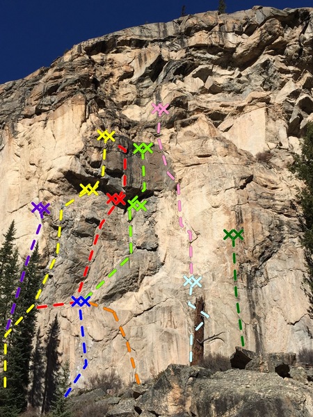 Lower Grotto Wall - Center<br>
<br>
Purple - The Engagement.<br>
Yellow - Victims of Fashion.<br>
Red - Rocket Man Dihedral.<br>
Light Green - Bicentennial Roof.<br>
Blue - Scene of the Crime.<br>
Orange - Pea Brain.<br>
Light Blue - The Knucklehead.<br>
Pink - Girly Man.<br>
Dark Green - Insurrection.