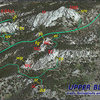 Topo info and abbreviations:<br>
<br>
Two main trails exist in Upper Blair (all trails in light green).  One that is more commonly used nowadays (#1) basically bisects the area and can be used to access all the formations.  There is another main trail leading into the area from the 8 Ball (#2).  Each of these trails spur off into many smaller trails that lead to specific formations and/or climbs.<br>
<br>
*NOTE: There is a direct trail turned ATV raceway that leads from the 8 Ball around the east side of the HEAP, allowing quicker access to Spectreman Buttress which is not shown.<br>
<br>
Formations are indicated in red and climbs are in yellow.  The FORMATIONS are:  EC = East Corner, H = The Heap, JT = John's Tower, LJT  =Little John's Tower, MC = Middle Corner, NC = North Corner, SC = South Corner, SMB = Spectreman Buttress, WC = West Corner.<br>
<br>
The climbs are: bh = Big House, bs = It's Bloody Solid, bt = Baobab Tree, dd = Down in Dixie Land, ei = Easter Island, fg = What the French Girl Said, sm = Spectreman, sr = Slab Route, ss = SS Maywood, ta = Tips and Asps, uv = Ultraviolets, wp = West Corner Pump Station.