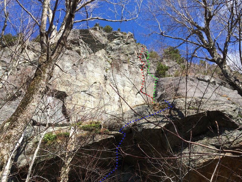 A look at Schistine Chapel/Skeleton Crack from below the cave.<br>
<br>
The red line is Schistine Chapel, the green line is Skeleton Crack and the blue line is Give a Dog a Bone.