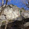 A look at Schistine Chapel/Skeleton Crack from below the cave.<br>
<br>
The red line is Schistine Chapel, the green line is Skeleton Crack and the blue line is Give a Dog a Bone.