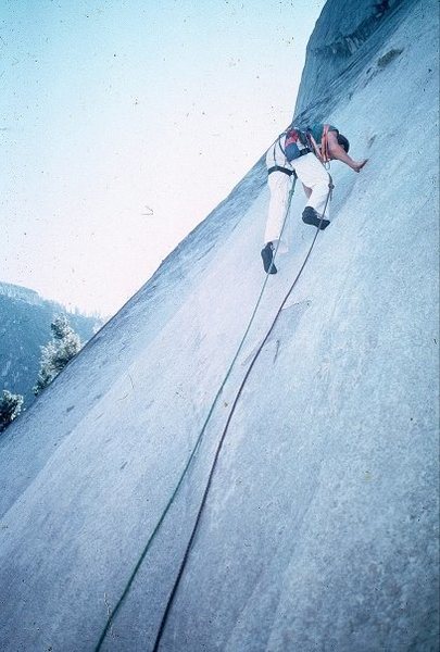 David Austin leading the 1st pitch (5.11a) of what became the "Hall of Mirrors" in 1978.