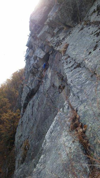 Larry S, hanging belay on Point of No Return, 5.8+ at Delaware Water Gap