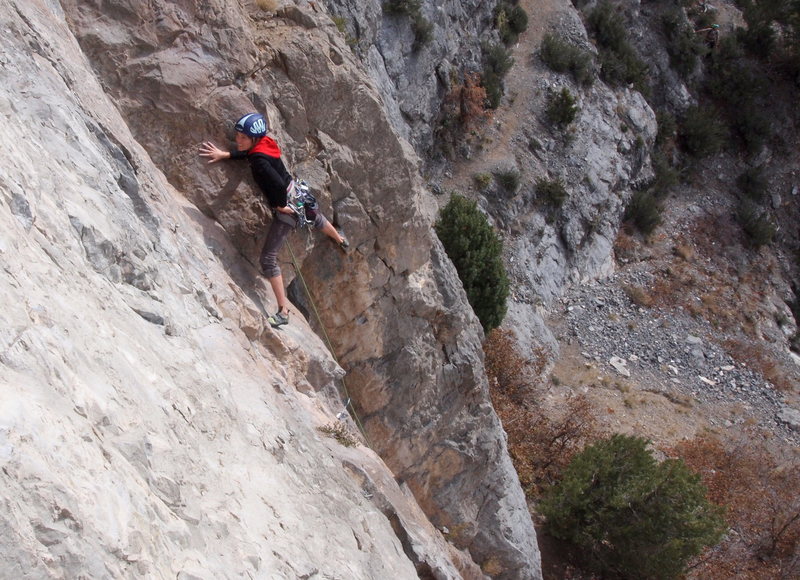 Unknown climber leading "Phantom Menace."