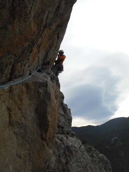 Kevin leading the 3rd pitch of Eagles. Great exposure immediately off the belay. 