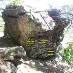 This boulder sits on top of the left side of Balcony Jr cliff. Green is Civilized Floater, purple is Two Tacos for Tina, and pink is Blubber Shuffle