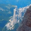 A view from Moiazza looking down on Torre Venezia - the "Circular Terrace" can be seen near the summit. The descent (3-6 rappels) is on the shadowed face and then the gully between Torre Venezia and Punta Agordo