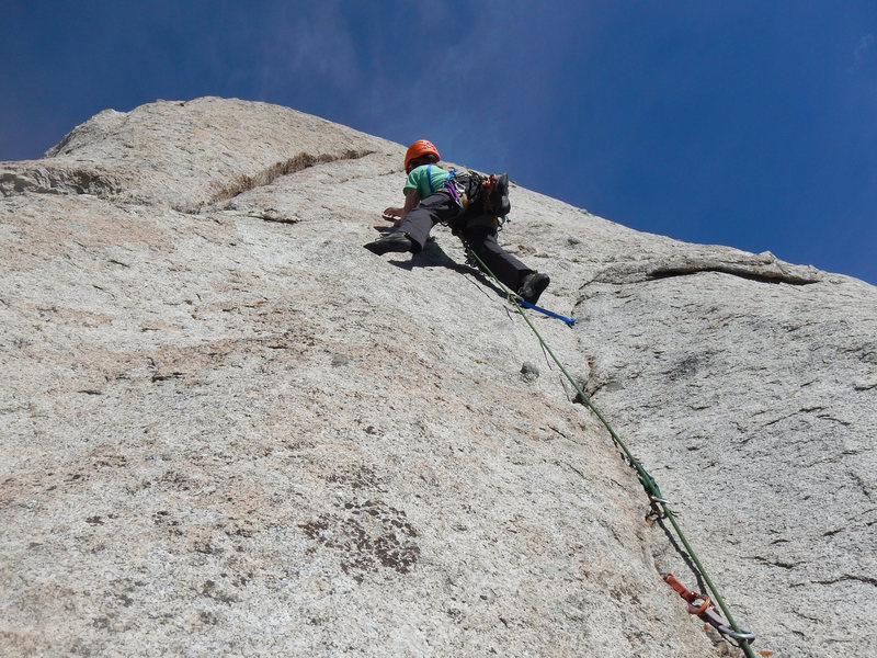 Kevin, on the classic dike traverse, Pitch 2 or 3